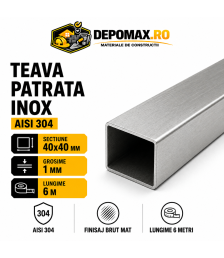 Teava patrata inox AISI 304, 40 x 40 x 1 mm, 6 metri
